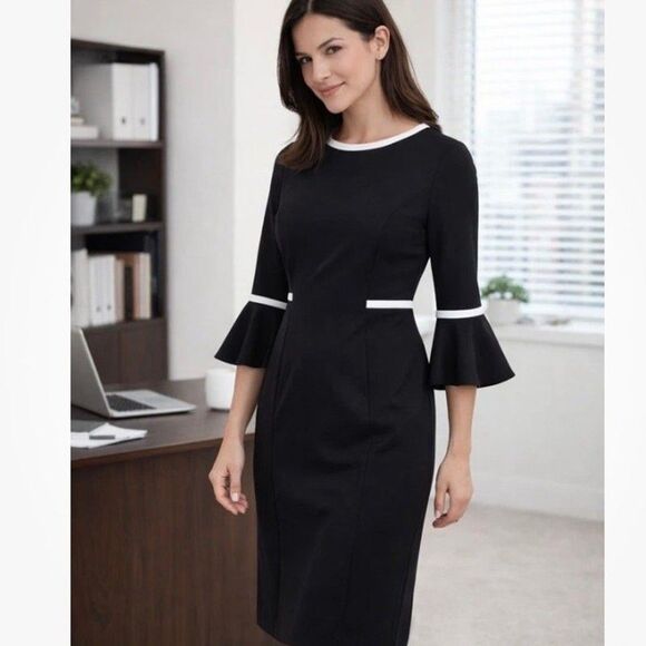 Calvin Klein Dresses & Skirts - Calvin Klein Black Sheath Dress White Piping 3/4 Bell Sleeve Mid Midi Classic 10